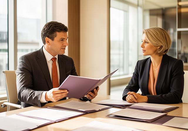 Attorney reviewing case documents with a client at a conference table in a bright Bel Air office